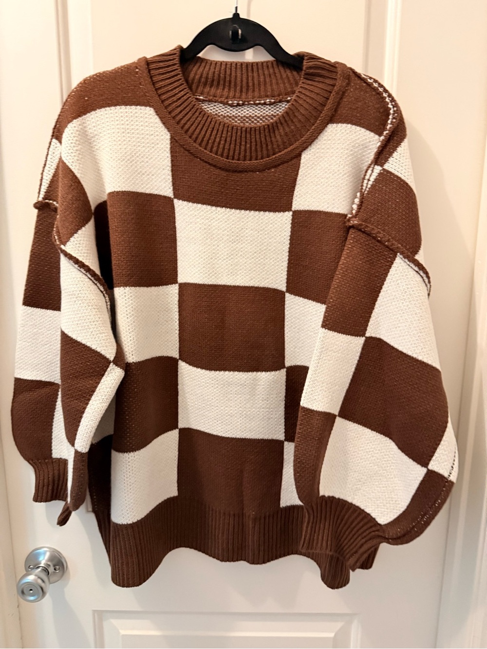 Checkerboard Crewneck Sweater in Brown and Cream